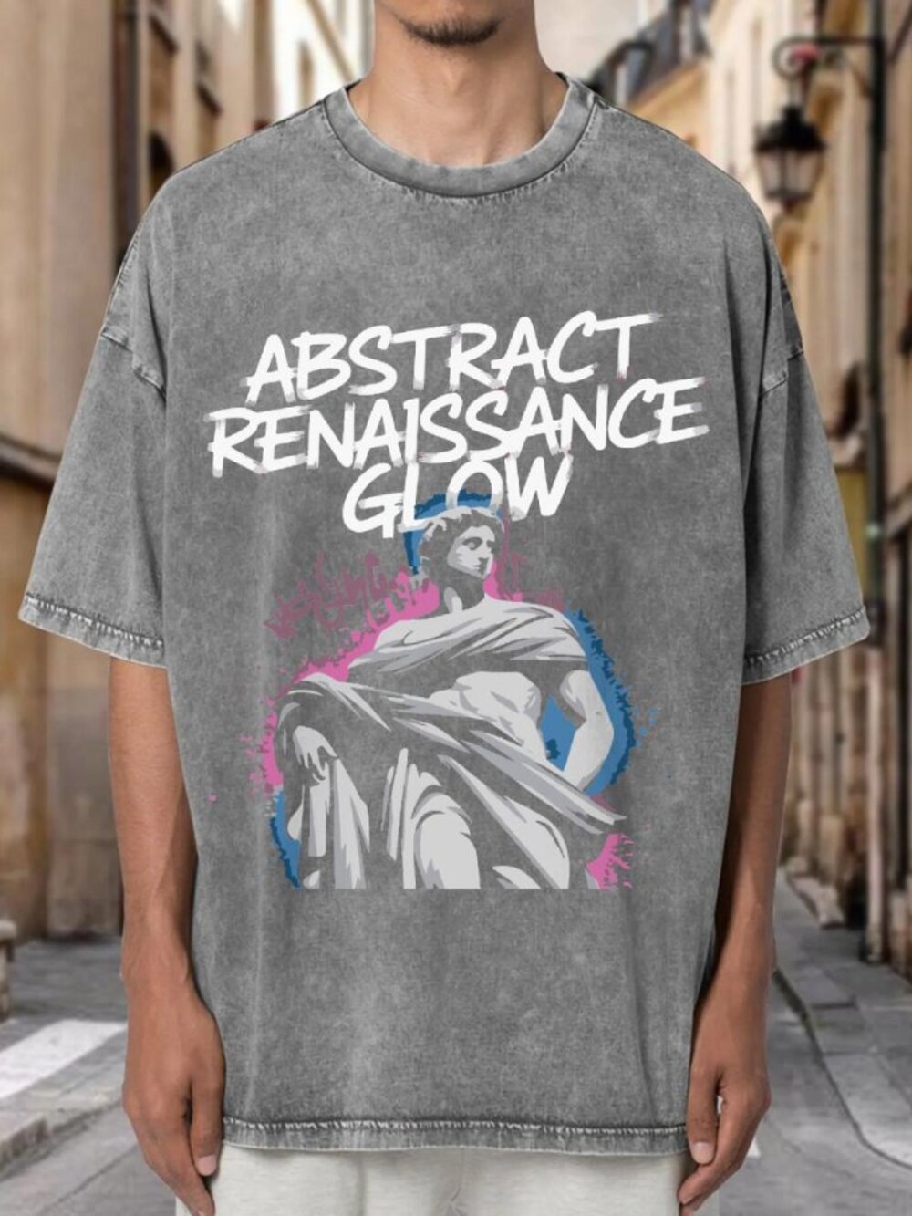 Abstract Renaissance Glow Statue Mineral Wash Oversized GraphicT-shirtVWFK9X9D02